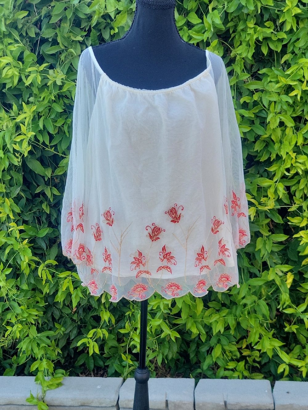 Boho White Sheer Tunic with Coral Floral Embroidery Size 3